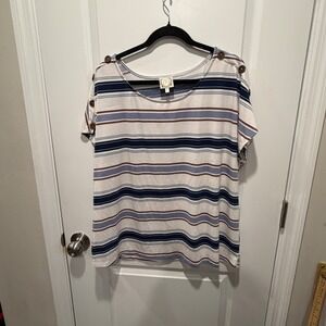 Self Womens Short Sleeve Top Striped Shoulder Button White Blue 2X